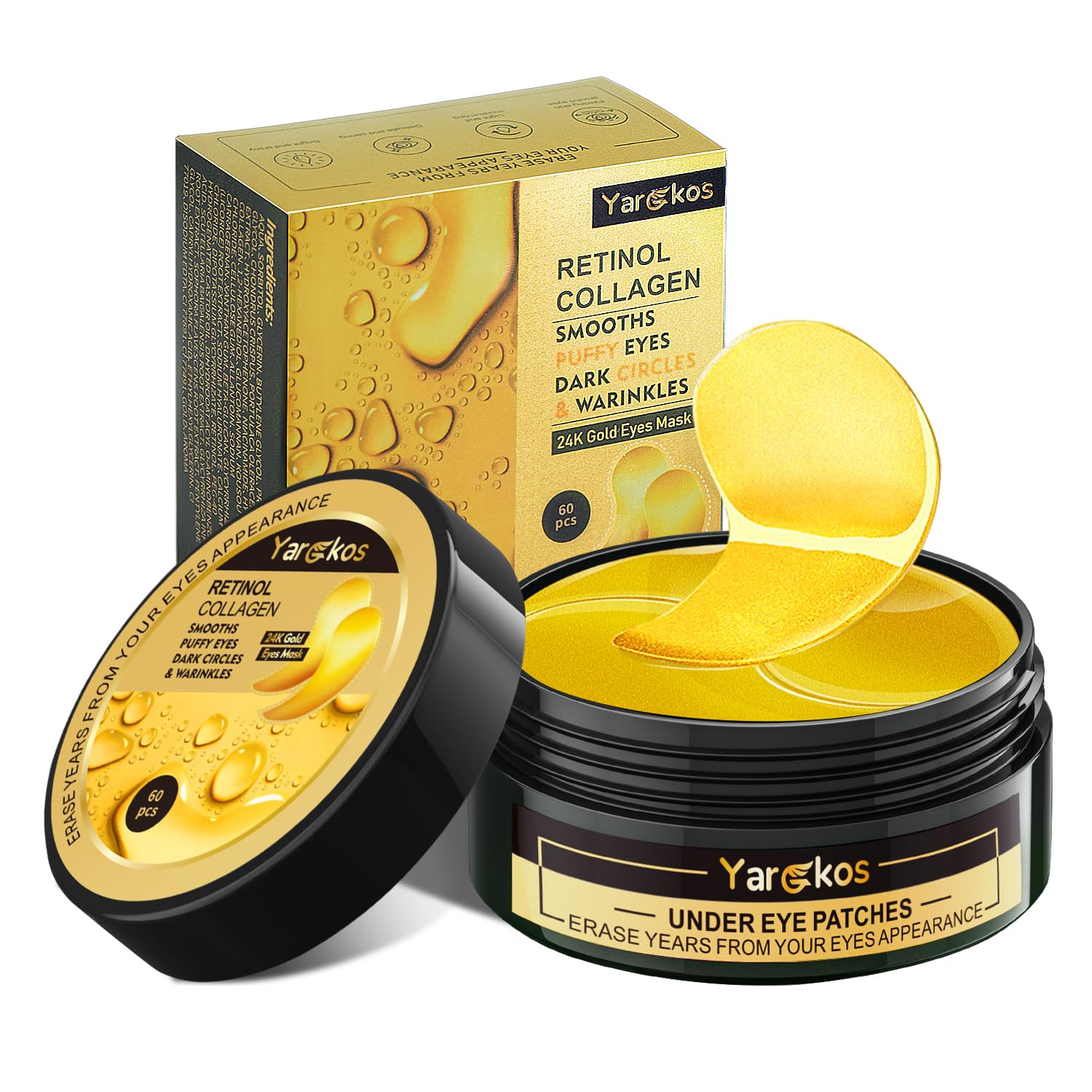 60 Pcs 24K Gold Under Eye Patches, 30 Pairs Undereye Mask for Dark Circles Puffy Eyes Treatment, Collagen Gel Pads Hydrating for Eye Bags Puffiness Wrinkle, Women Men Beauty Skin Care Products