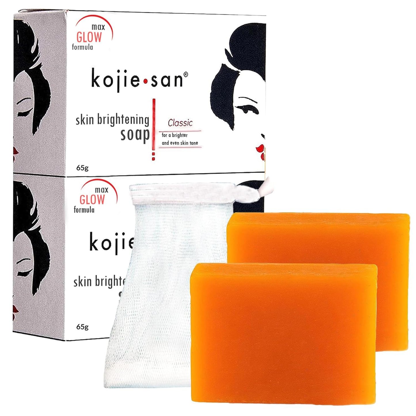 Savon éclaircissant Kojie San - Acide kojique original qui réduit les taches brunes, l'hyperpigmentation et les cicatrices avec un filet de savon exfoliant inclus - 65 g x 2 barres