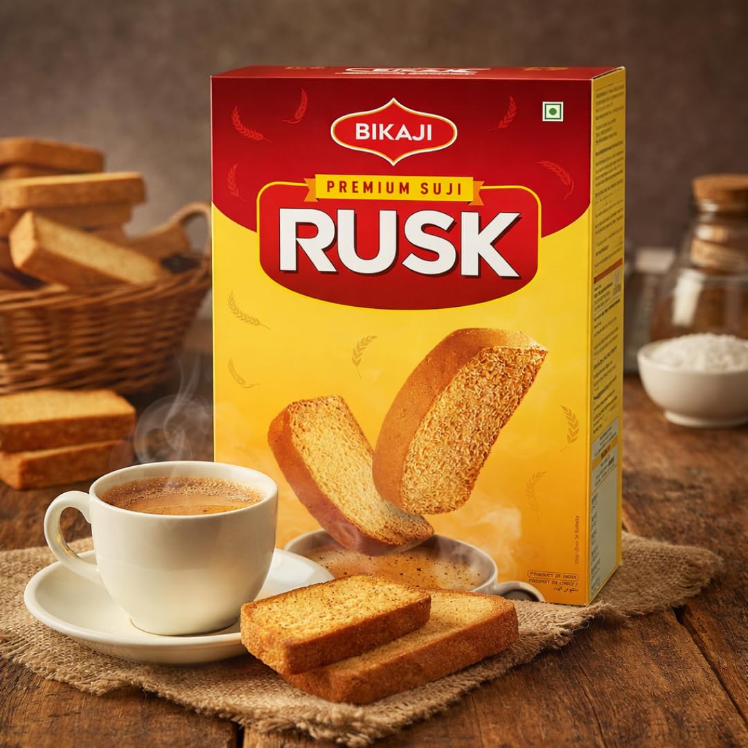 Bikaji Premium Suji Rusk 21.16 oz (600g), Crispy Semolina Toast, Golden Suji Rusk Biscuit, Indian Tea-Time Snack, Everyday Chai Snack, Ready-to-Eat Toasted Biscuit