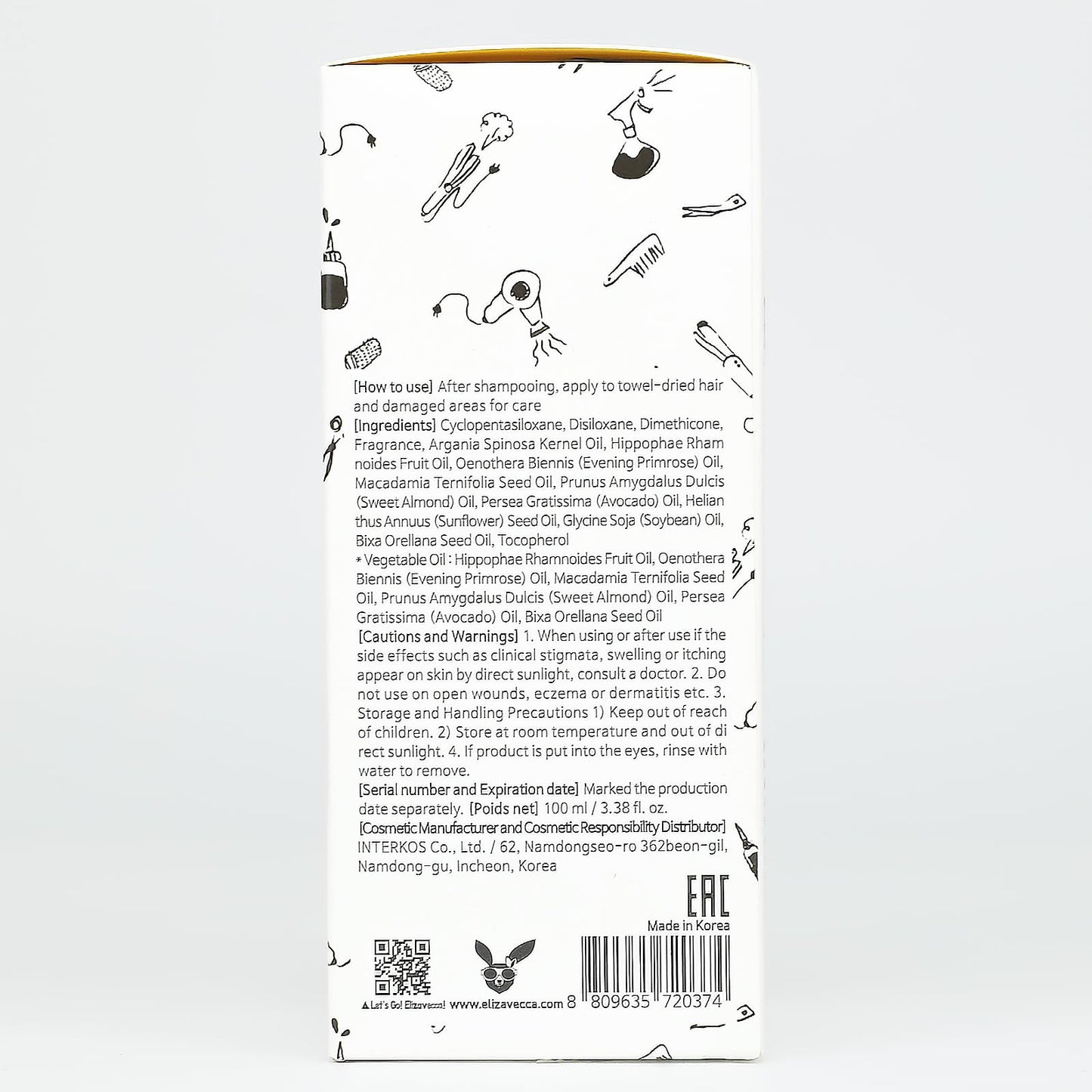 Huile capillaire Elizavecca CER-100 - Soin sans rinçage pour cheveux secs - 100 ml - K-Beauty