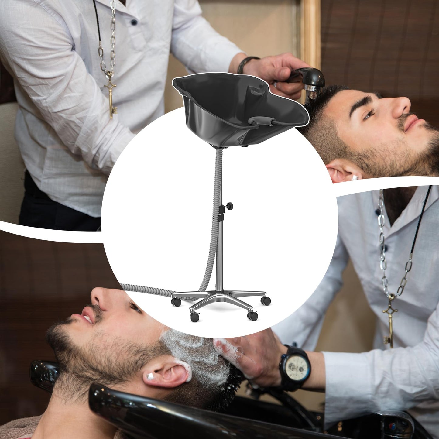 Height Angle Adjustable Portable Shampoo Basin Hair Washing Sink Shampoo Bowl for Home and Salon, 118.11” Drain Hose, Stainless Steel Base, Lockable Wheels