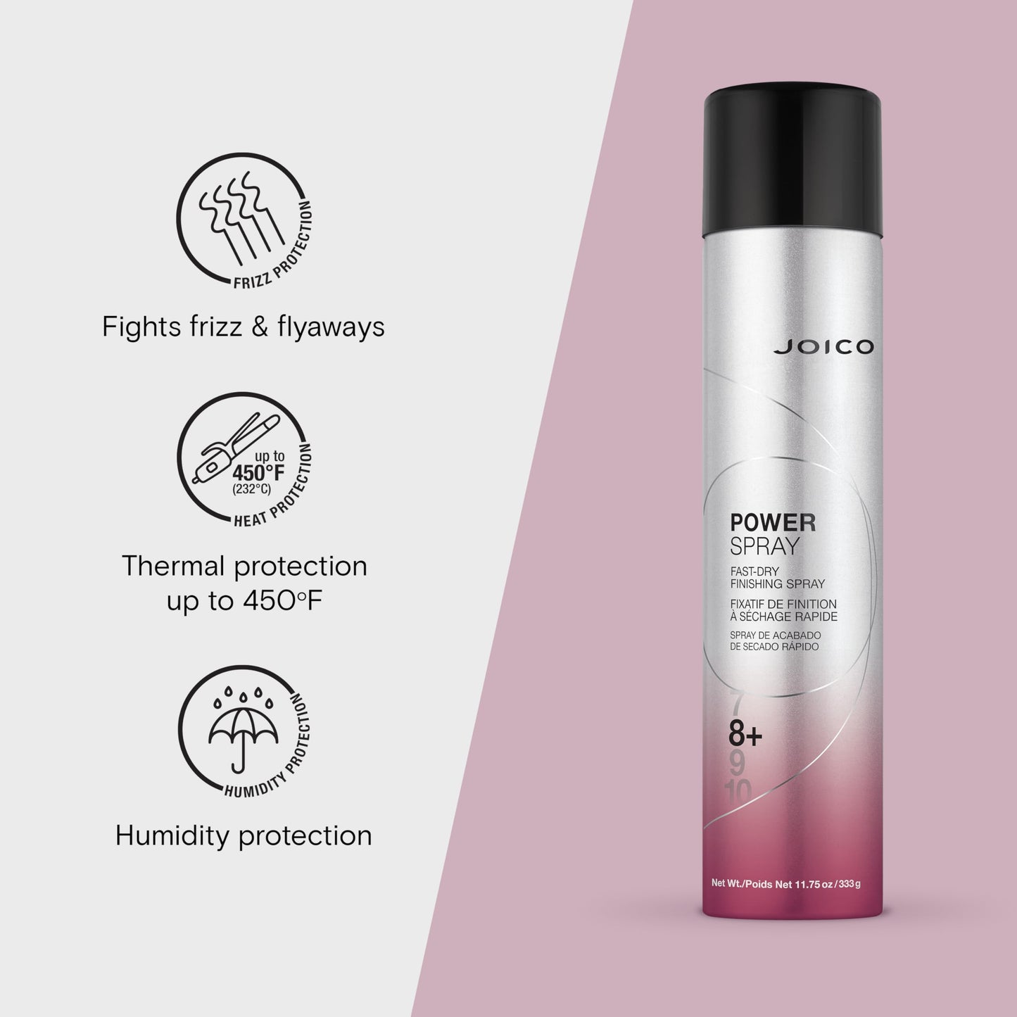 Joico Power Spray 速干定型喷雾 | 适用于大多数发质 | 防热防潮 | 防污染防有害紫外线 | 不含防腐剂和硫酸盐 | 72 小时定型 | 11.75 液体盎司