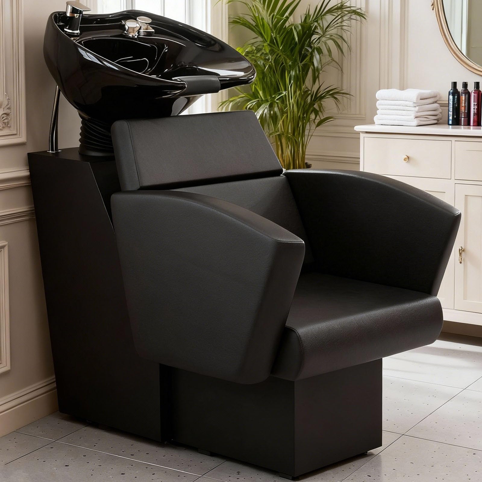 Icoget Shampoo Bowl and Chair Set for Salon, Deep Porcelain Tilting Salon Sinks for Hair Stylist, Backwash Shampoo Stations for Barber,Home, Black