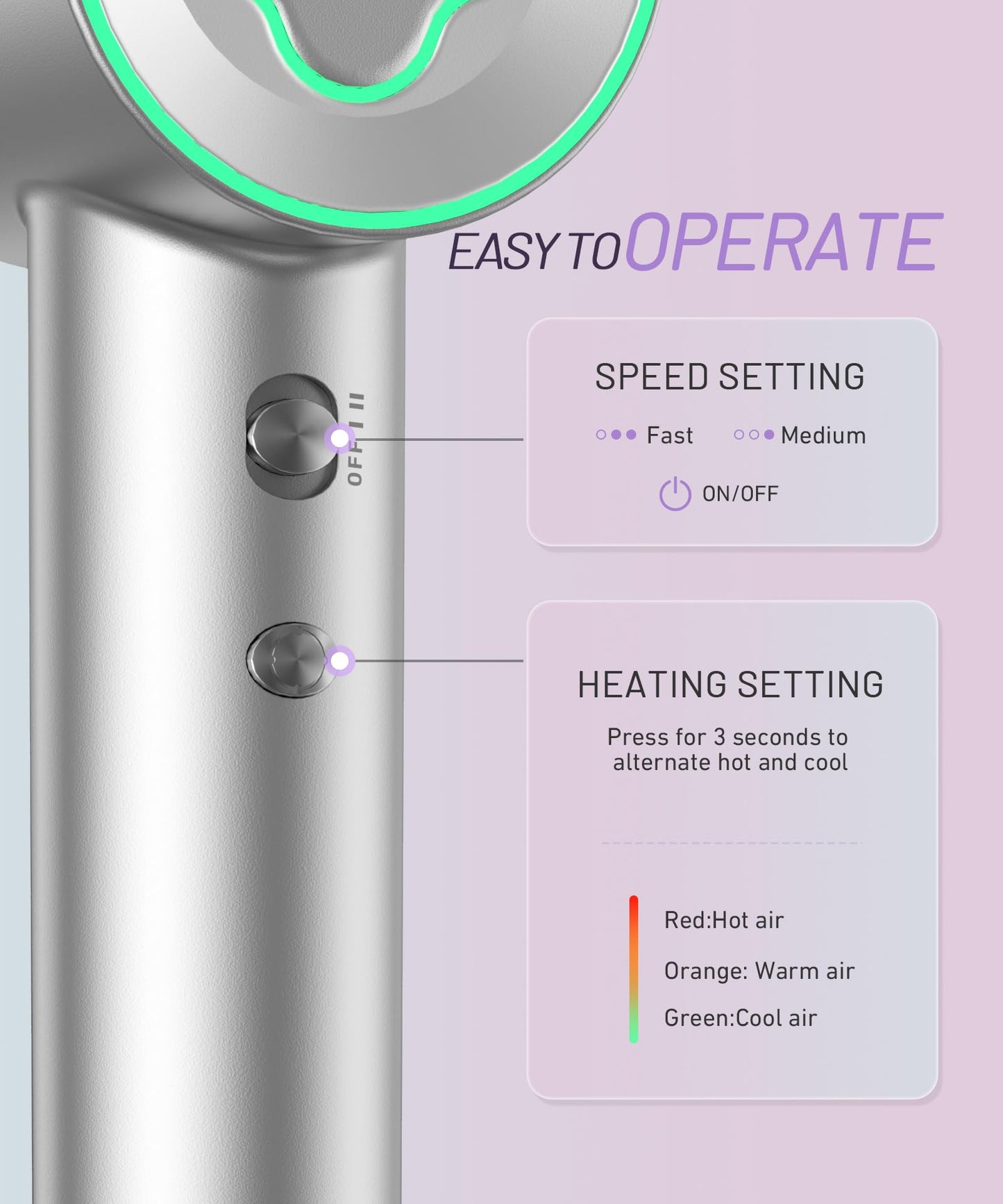 Sèche-cheveux - Moteur sans balais haute vitesse 150 000 tr/min, sèche-cheveux ionique négatif pour un séchage rapide, faible bruit, contrôle thermique, avec diffuseur et buse, argenté