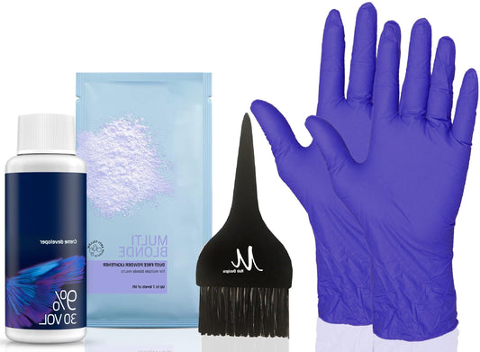 Blondor Multi Blonde Lightening Powder Blondor Bleach Powder 30 grams, Welloxon Perfect Developer Koleston Perfect Developer 30 Vol 2 Ounce, Pair of Gloves and M Hair Designs Tint Brush Black (Bundle)