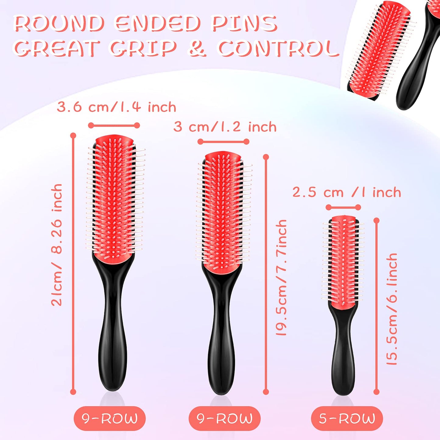 Brosse à cheveux Patelai en nylon, 3 tailles, 9 et 5 rangées, pour cheveux bouclés naturels, démêlante, peigne de voyage pour femmes et hommes, volumisante, modelante, séparatrice, définissante, pour salon de coiffure (rouge et noir)