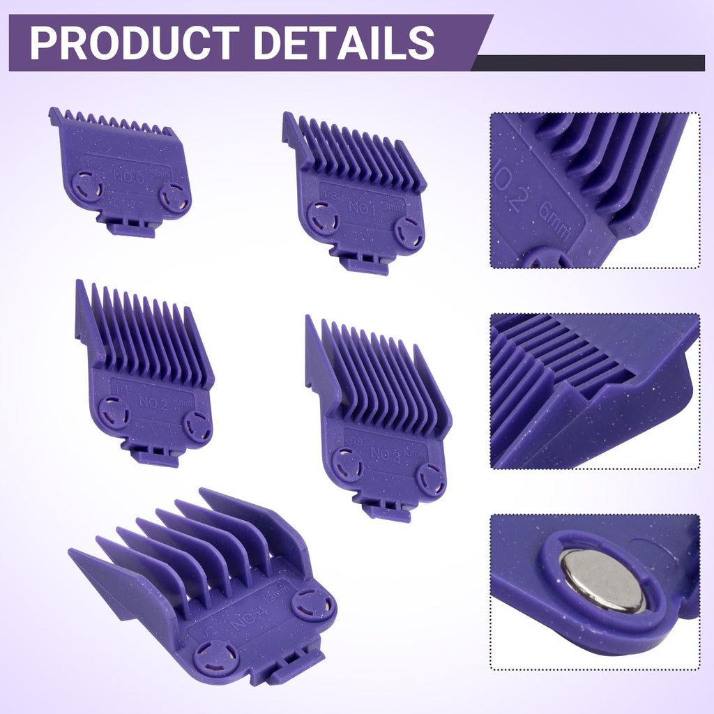 01410 Dual Magnetic Clipper Guards Replacement for Andis Master Hair Clippers MBA, MC-2, ML, PM-1, PM-4, and PM-5, PM Family Hair Clippers, 5 Packs Waterproof Clipper Comb Set, Purple