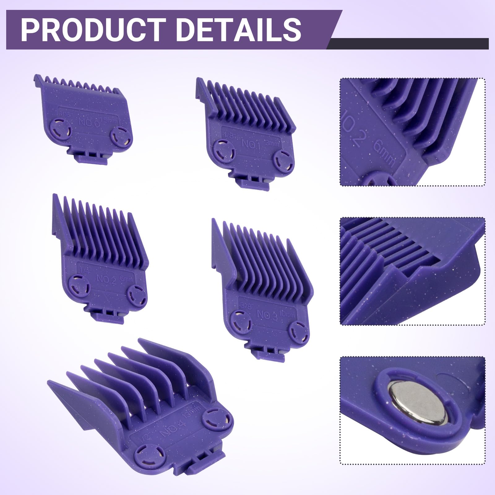 White Smoke 01410 Dual Magnetic Clipper Guards Replacement for Andis Master Hair Clippers MBA, MC-2, ML, PM-1, PM-4, and PM-5, PM Family Hair Clippers, 5 Packs Waterproof Clipper Comb Set, Purple