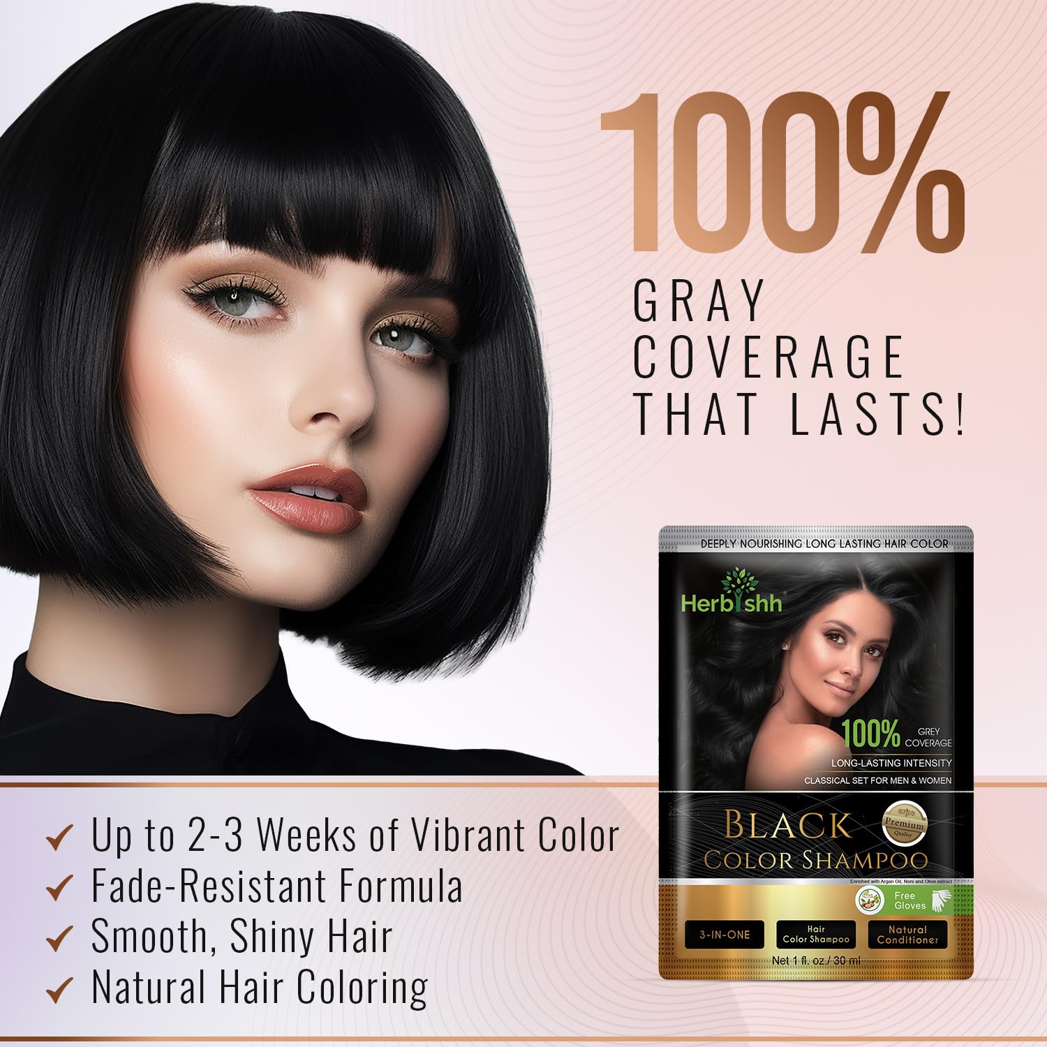 Herbishh Natural Hair Dye Shampoo with Argan Mask - Long-Lasting Color for Gray Hair - Travel Size, 10+1 Pack, Ammonia-Free (Black)