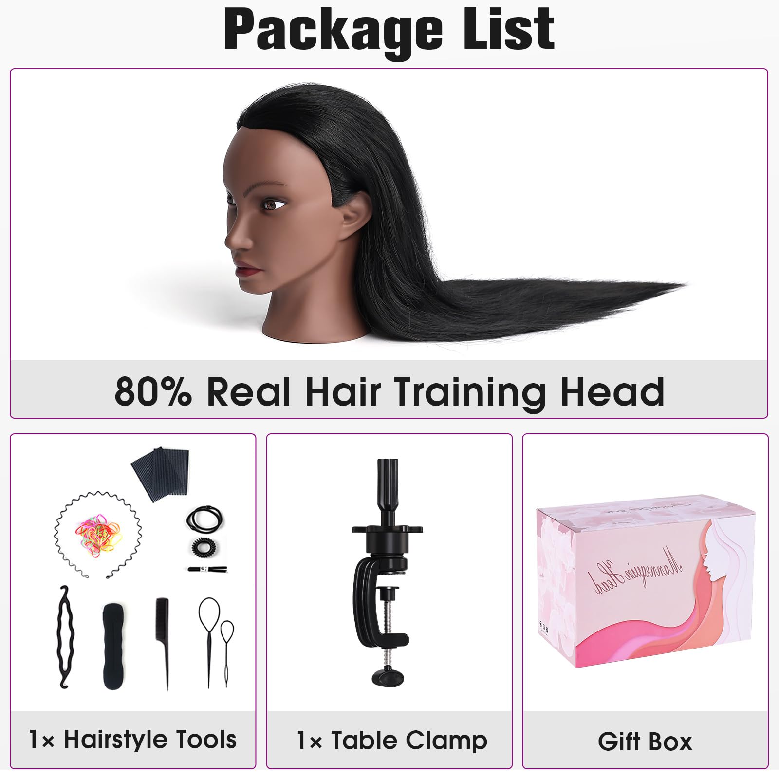 Mannequin Head Human Hair, 26" Cosmetology Mannequin Head with 80% Human Hair, Doll Head for Hair Styling with Clamp Holder and Tools (Black)