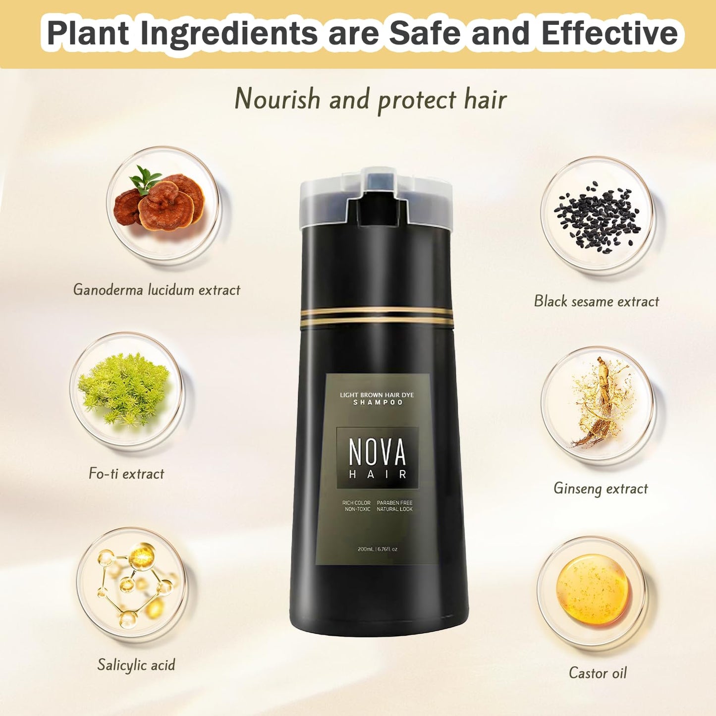Seashell Nova Hair Dye Shampoo,Nova Hair Instant,Nova Hair Dye Shampoo 3 in 1, for Men & Women. (200ml Medium Brown)