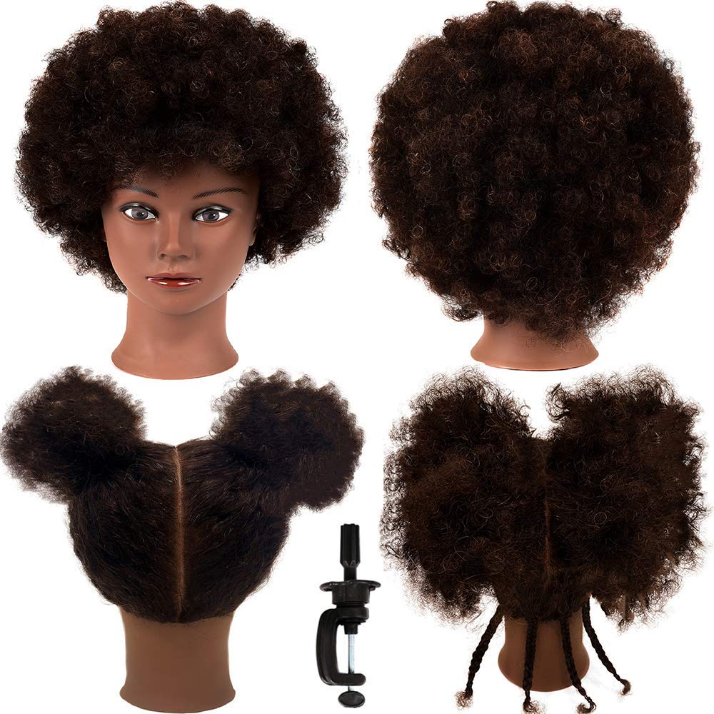 White Smoke African Mannequin Head with 100% Human Hair Mannequin Head Curly Cosmetology Manican Mannequins Heads with Stand for Display Practice Braiding Styling Training Head Hair Styling