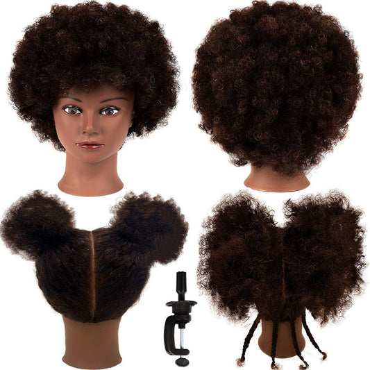 White Smoke headdoll Afro Curly Mannequin Head with 100% Human Hair Curly Hair Hairdresser Hair Styling Cosmetology Manikin Head Doll head for Hairdresser Practice Styling Dye Braiding with Clamp Stand