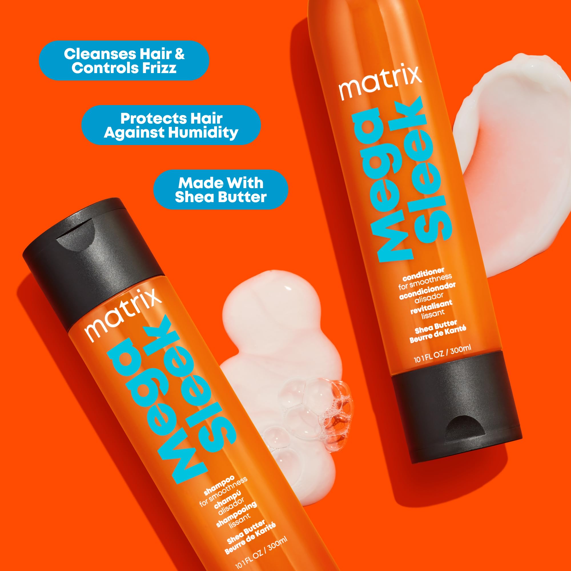 Matrix Mega Sleek Shampoo and Conditioner Set | Smoothing, Anti-Frizz, Detangling | For Dry, Damaged & Frizzy Hair | Nourishes with Shea Butter | Vegan