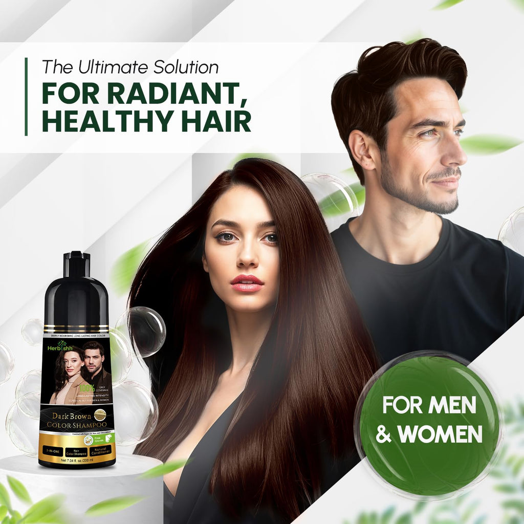 Herbishh Dark Brown Shampoo, Hair Dye Shampoo 3 in 1, 100% Grey Coverage, Hair Color for Men & Women, Long-lasting Color in 20-25 Mins, Ammonia-free, 200 ml