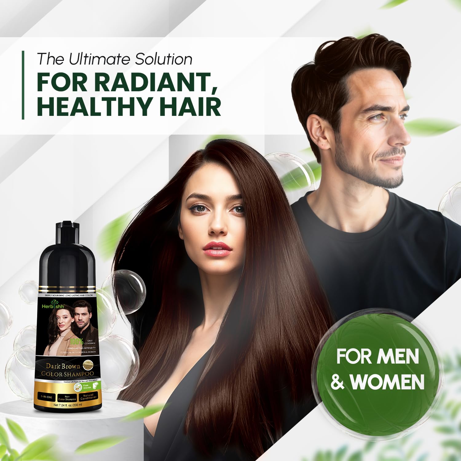 Herbishh Dark Brown Shampoo, Hair Dye Shampoo 3 in 1, 100% Grey Coverage, Hair Color for Men & Women, Long-lasting Color in 20-25 Mins, Ammonia-free, 200 ml