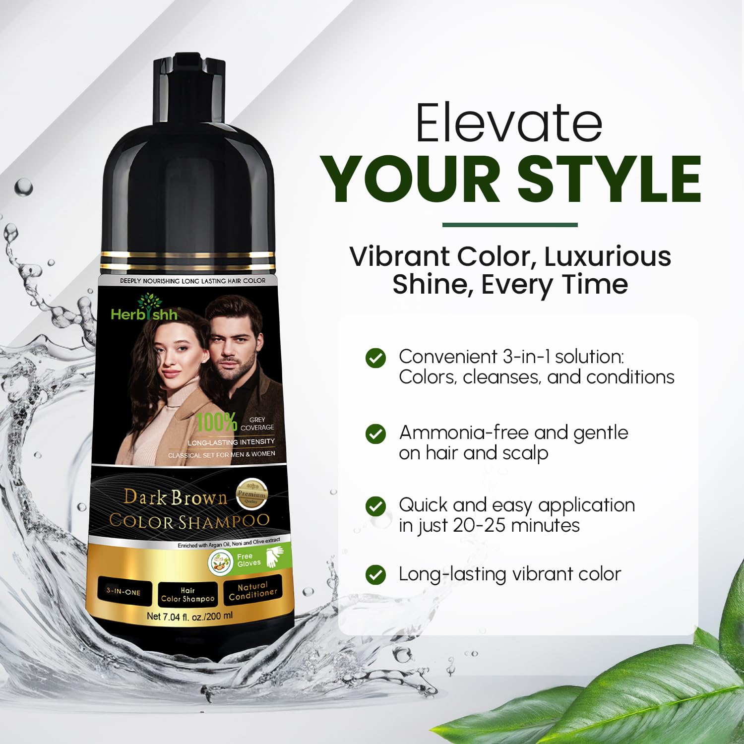 Herbishh Dark Brown Shampoo, Hair Dye Shampoo 3 in 1, 100% Grey Coverage, Hair Color for Men & Women, Long-lasting Color in 20-25 Mins, Ammonia-free, 200 ml