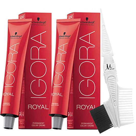 施华蔻 Igora Royal 4-0 中棕色永久染发剂和 M Hair Designs 染发刷/梳子（3 件套装）