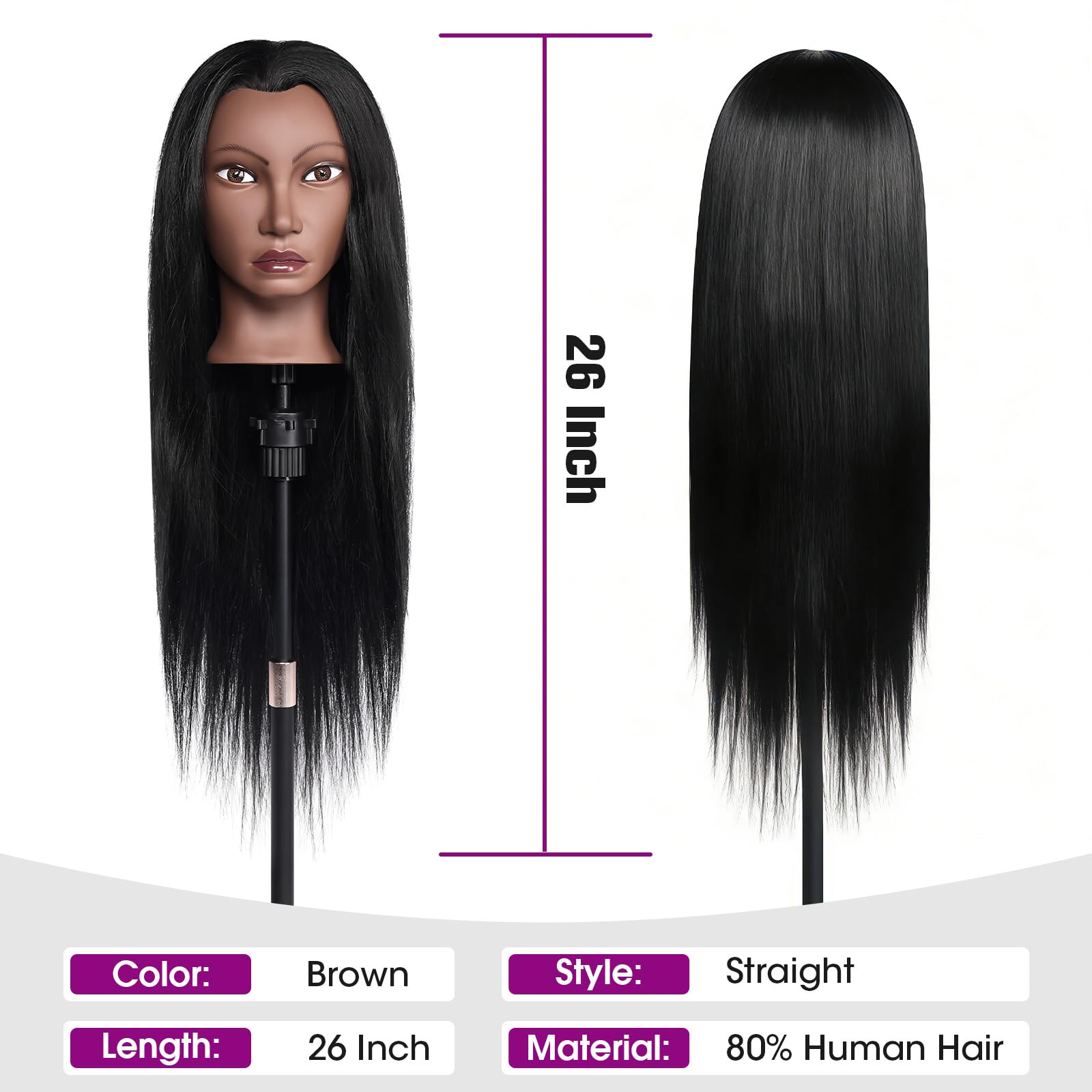 Mannequin Head Human Hair, 26" Cosmetology Mannequin Head with 80% Human Hair, Doll Head for Hair Styling with Clamp Holder and Tools (Black)