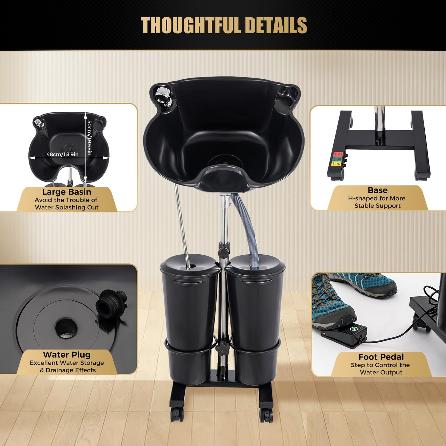 Black Portable Shampoo Bowl 2 Buckets, 3.34-4.49ft Height Adjustable Dual Bucket Hair Washing Station, 270 Degree Rotation of Shampoo Basin Mobile Salon Sink, for Home, Beauty Salon, Spa, Barber Shop