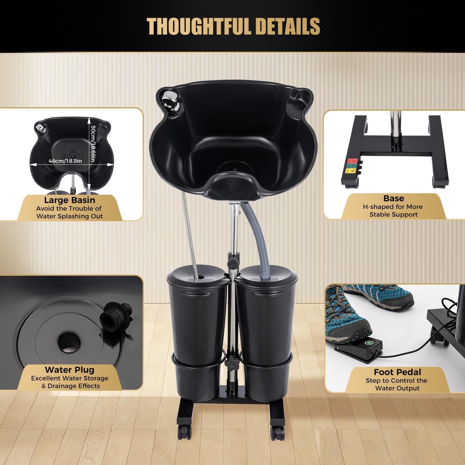 Black Portable Shampoo Bowl, Hair Washing Station with Electric Pump,Shampoo Sink with 2 Buckets, Height and Angle Adjustable Portable Wash Bowl for Home & Barber Use, Black