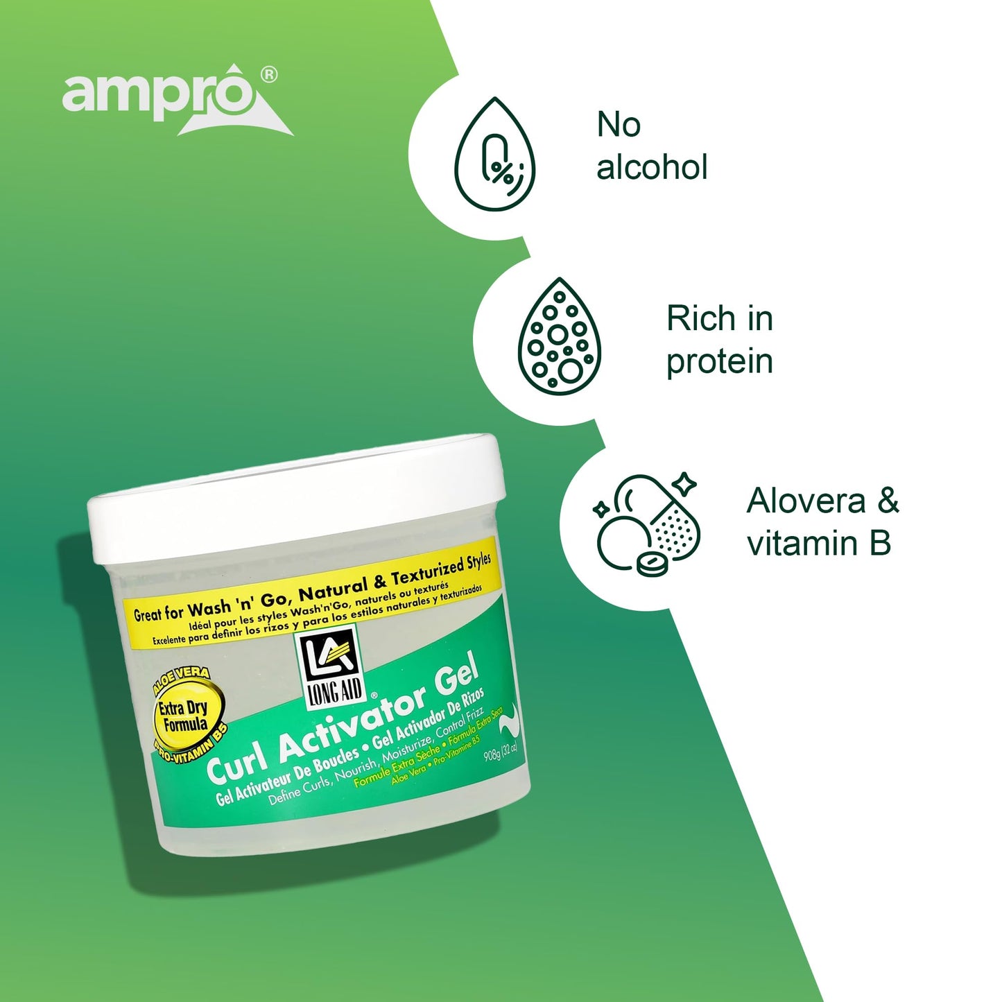 Ampro Long-Aid Activator Gel - Enriched with Aloe Vera, Protein, and Vitamin B Complex - Brings Essential Moisture to Strands - Defines Your Natural Curls - Extra Dry - 32 oz