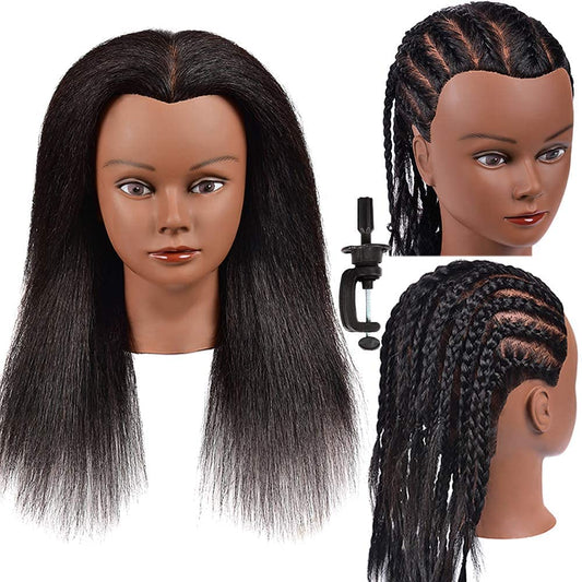 White Smoke Mannequin Head 100% Real Hair Afro Mannequin Head Hair Styling Hairdresser Training Head Manikin Cosmetology Doll Head for Practice Cutting Braiding with Free Clamp Stand