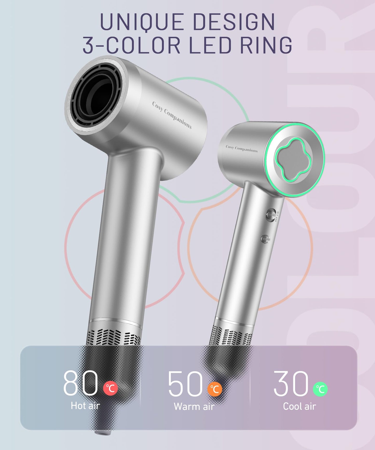 Sèche-cheveux - Moteur sans balais haute vitesse 150 000 tr/min, sèche-cheveux ionique négatif pour un séchage rapide, faible bruit, contrôle thermique, avec diffuseur et buse, argenté