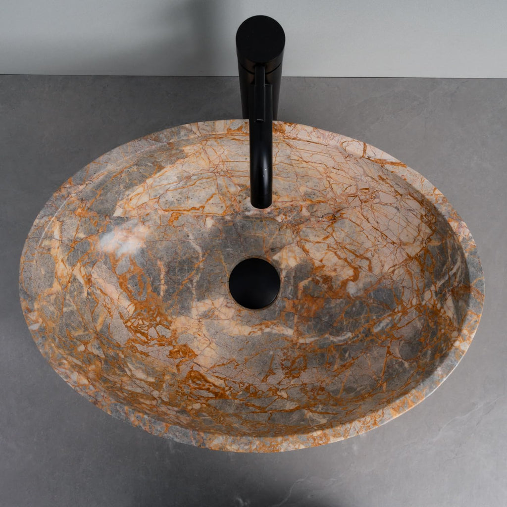 Oval-Shaped Golden - Gray Marble Vessel Sink for Bathroom – 19" × 15" × 6"