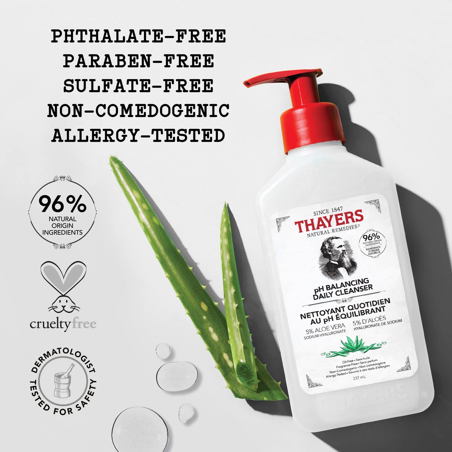 THAYERS pH Balancing Daily Cleanser, Face Wash with Aloe Vera, Gentle and Hydrating Skin Care for Dry, Oily, or Acne Prone Skin, 237ml