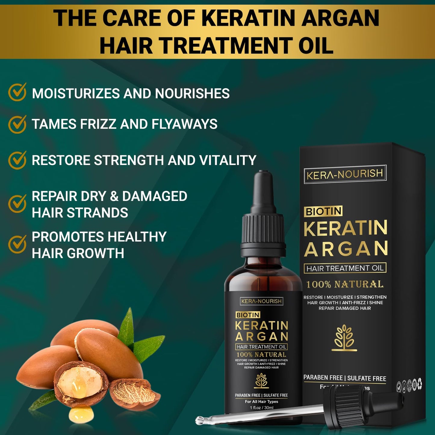 Huile de croissance capillaire KERA-NOURISH à la vitamine E, au collagène, à la biotine, à la kératine, à l'argan et à l'huile de jojoba pour cheveux crépus, bouclés, colorés et traités chimiquement, 30 ml