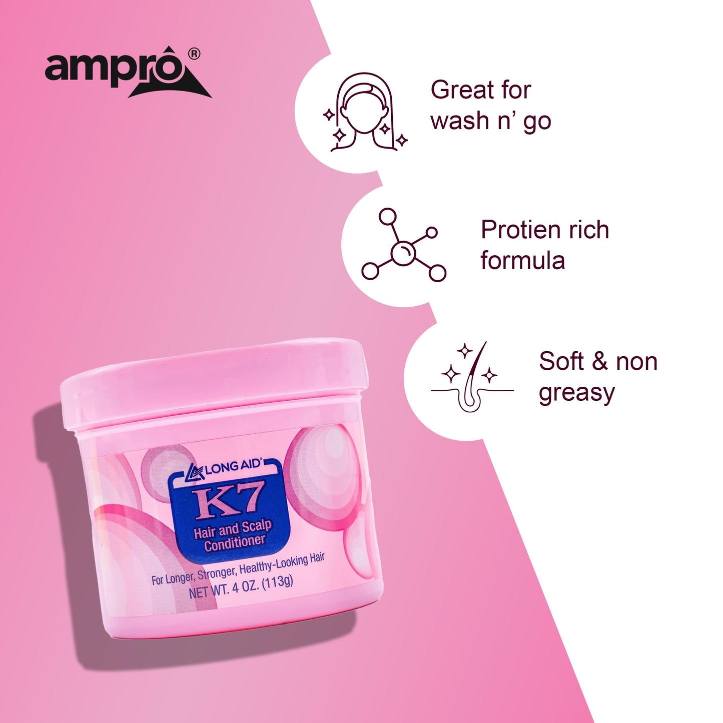 Ampro Long-Aid K7 Hair and Scalp Conditioner - Rich with Natural Emollients - Provides Stronger Hair and Scalp for All Hair Textures - Protects Against Humidity and Nature - 4 oz