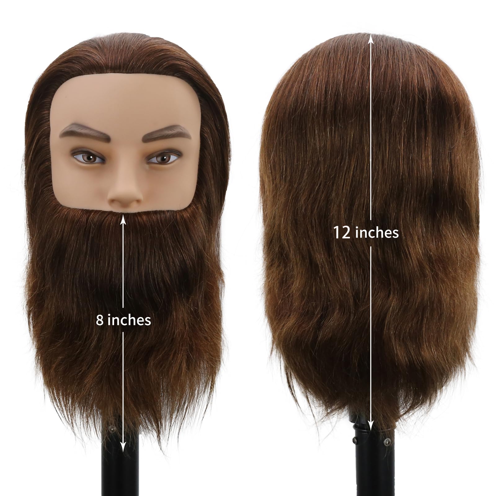 Male Mannequin Head,Training Head with 100% Human Hair 12inch Barber Mannequin Head Male Mannequin Head With Beard for Hair Styling, Practicing Cut Styling（Dark Brown）