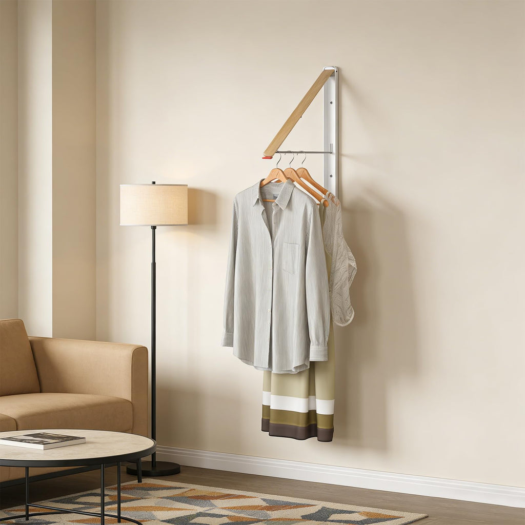 Kolovbe Clothes Drying Rack Wall Mounted for Laundry, Retractable & Foldable Clothes Hanger, Indoor Outdoor Wall Dryer Rack Organization for Dorm, Closet, Apartment, Balcony, Laundry, Rv, Alcove, Wood