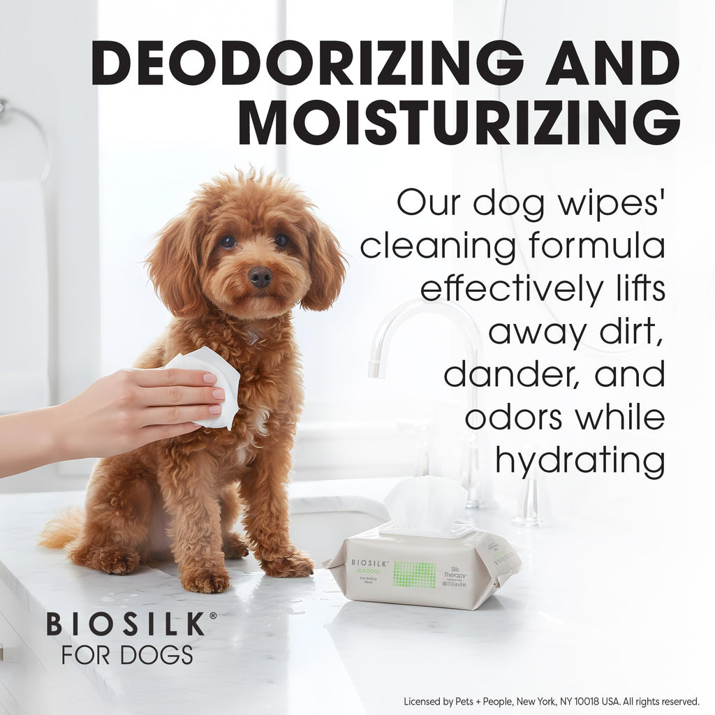 BioSilk for Dogs Deodorizing Wipes, Infused with Silk Proteins and Vitamin E - Wipes that Clean, Deodorize Between Baths, pH Balanced, Gentle Natural Formula, 100 Count
