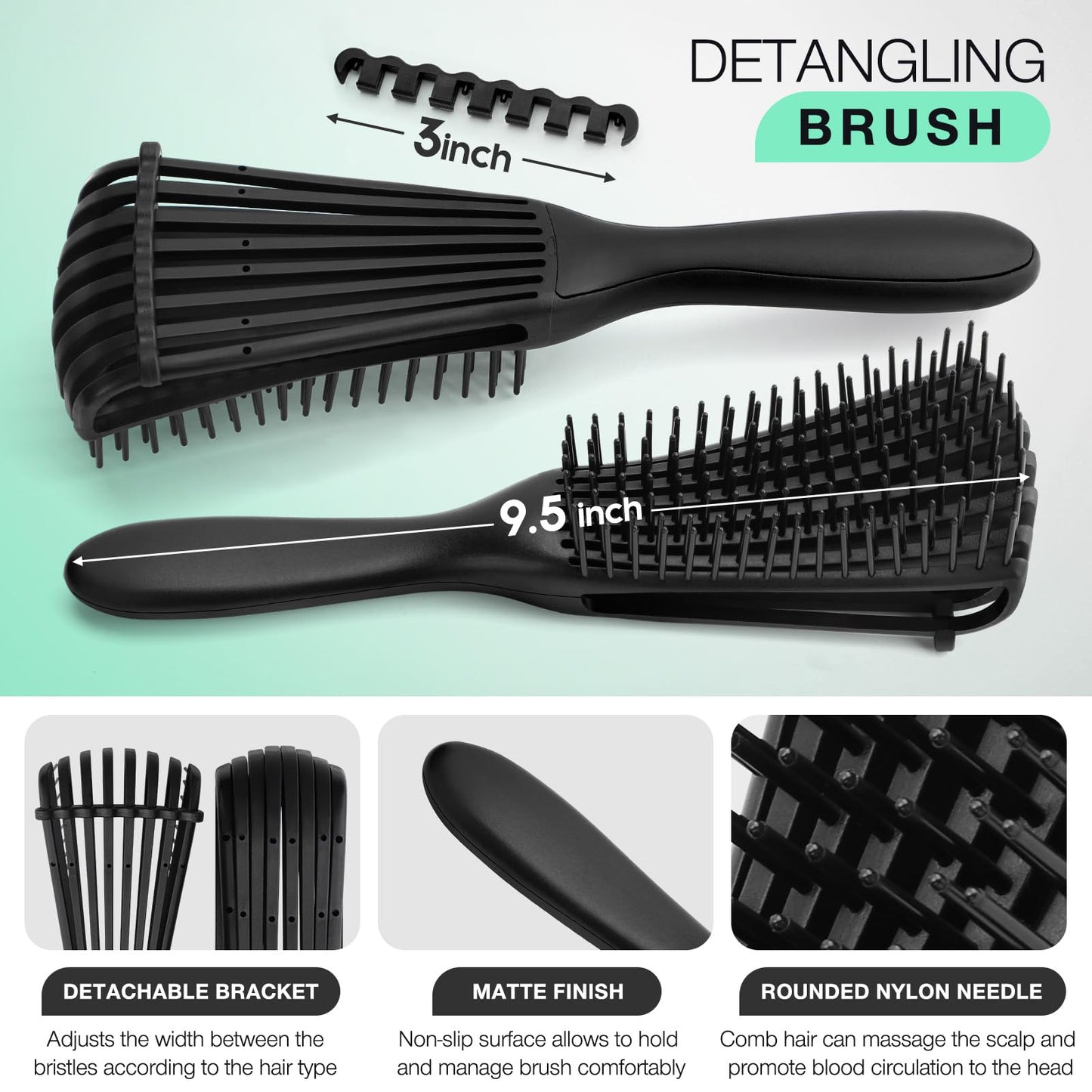 Hommtina Lot de 4 brosses démêlantes pour cheveux bouclés et brillants, pour adultes et enfants, cheveux secs ou mouillés (3 pièces, noir + noir)