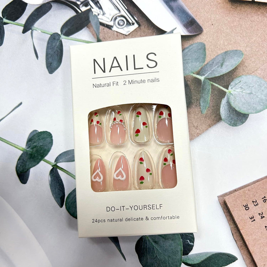 Press On Alcove - Cute Strawberry 3D Love Heart & Pearl Design False Nails: Medium Almond, Artificial Acrylic, Full Coverage, Reusable Coffin, Glue On Nails for Women
