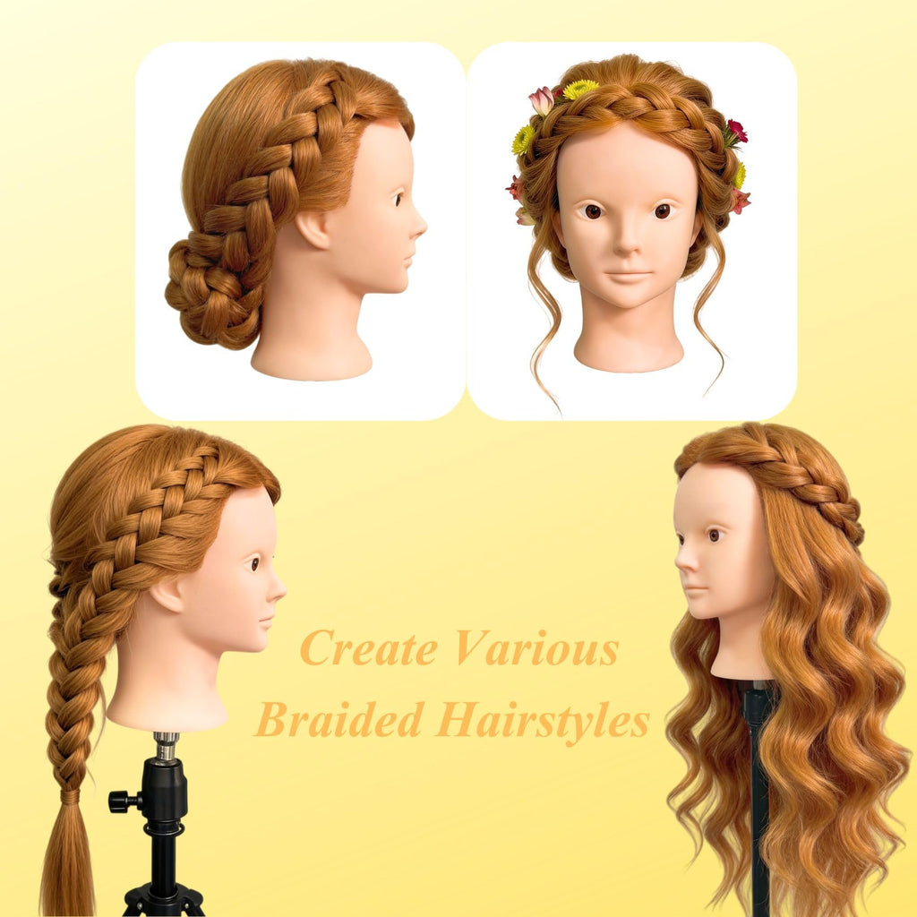Makeup Mannequin Head with 80% Light Auburn Real Hair, Practice Hair Mannequin Head for Hair Styling, 28" Cosmetology Training Doll Head for Kids
