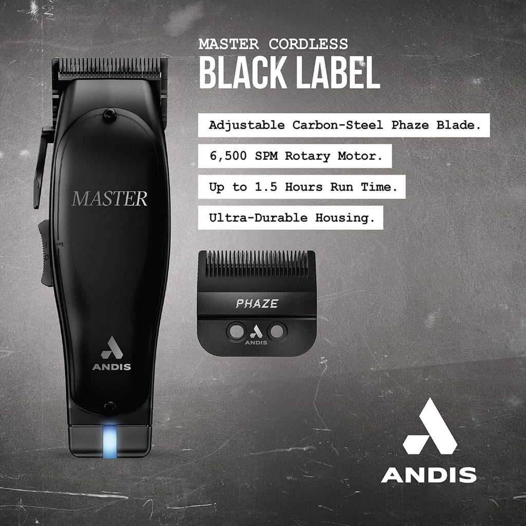 Andis Black Label MLC Professional Master Cordless Lithium-Ion Hair Clipper, Adjustable Carbon Steel Blade for Close Cutting, Black