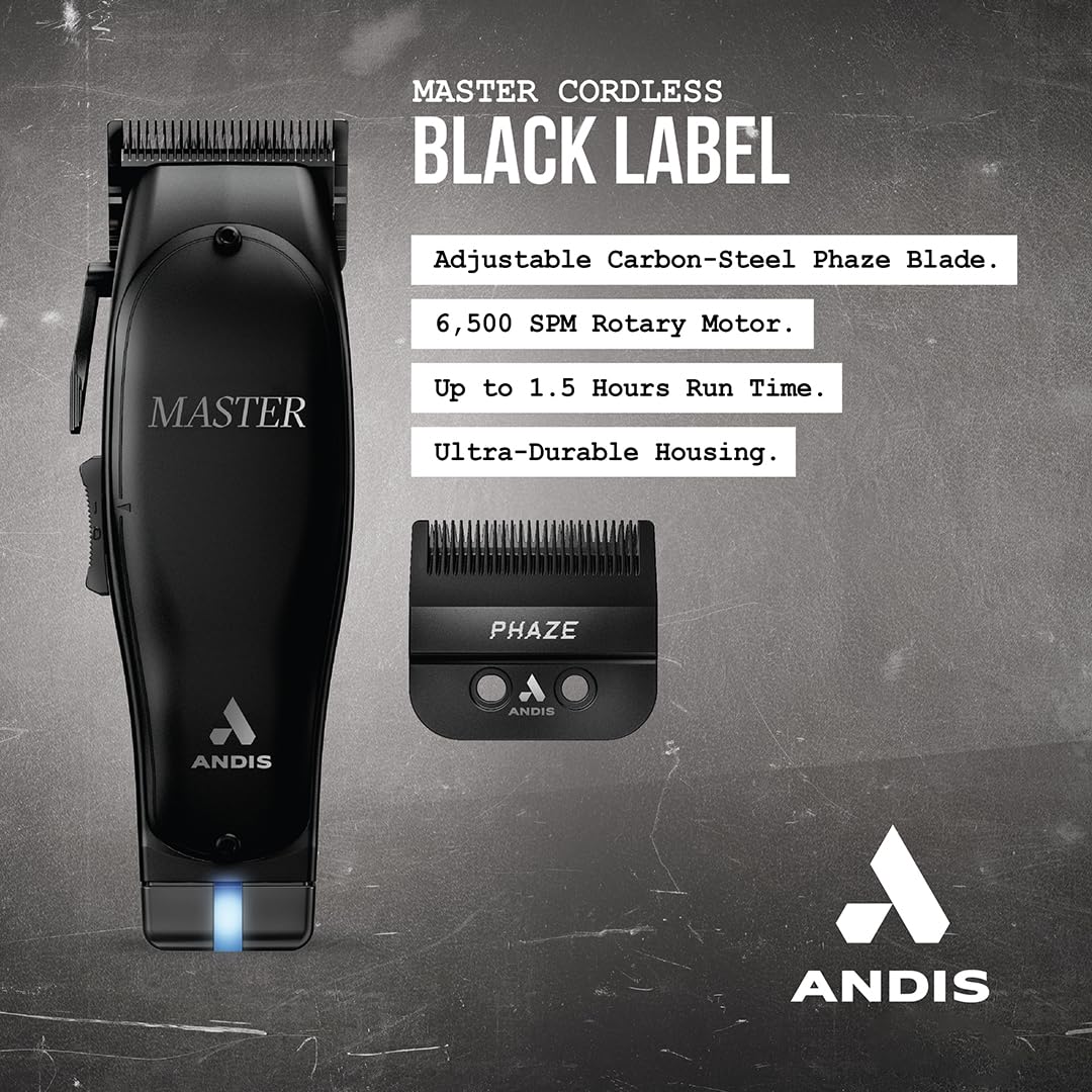 Andis Black Label MLC Professional Master Cordless Lithium-Ion Hair Clipper, Adjustable Carbon Steel Blade for Close Cutting, Black