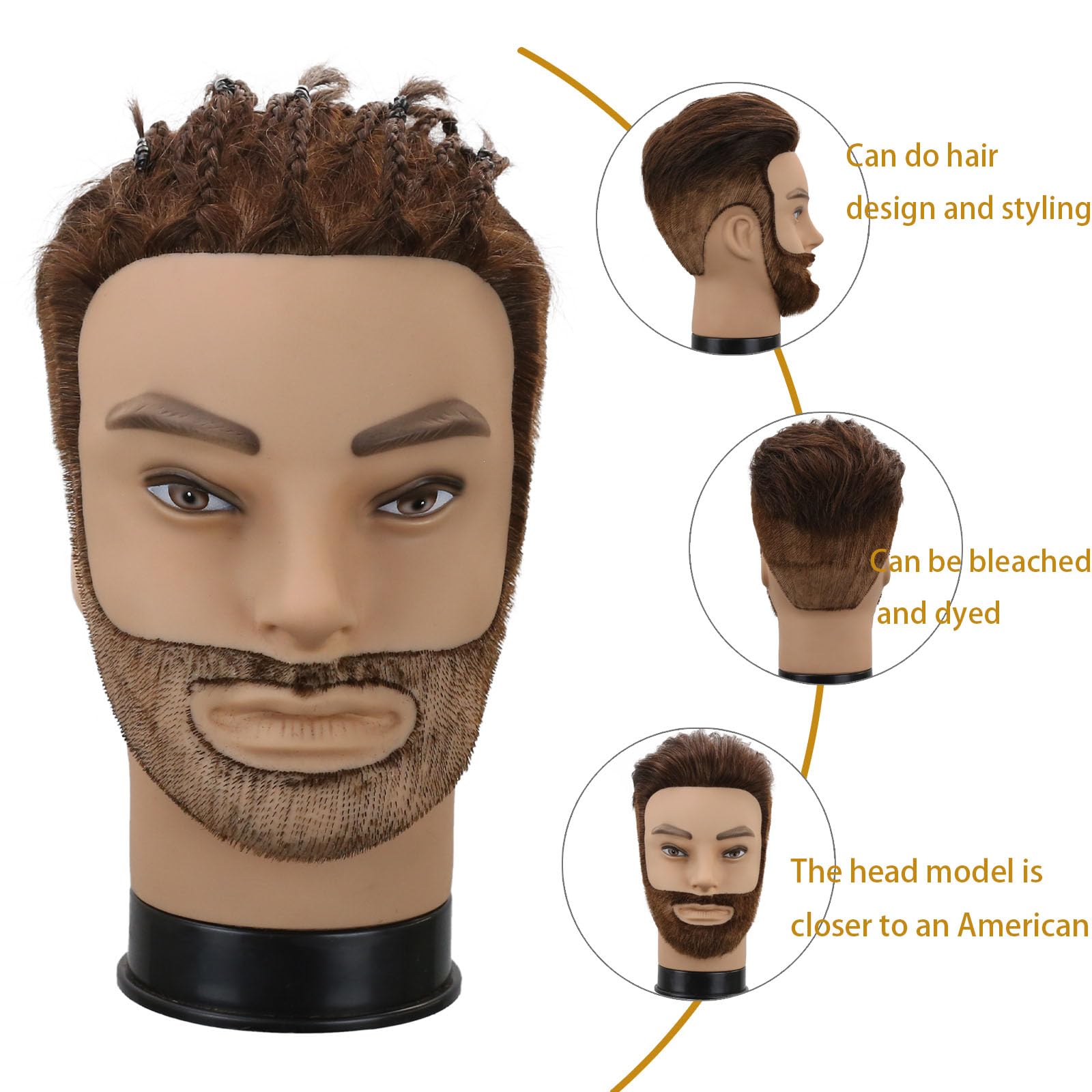 Male Mannequin Head,Training Head with 100% Human Hair 12inch Barber Mannequin Head Male Mannequin Head With Beard for Hair Styling, Practicing Cut Styling（Dark Brown）