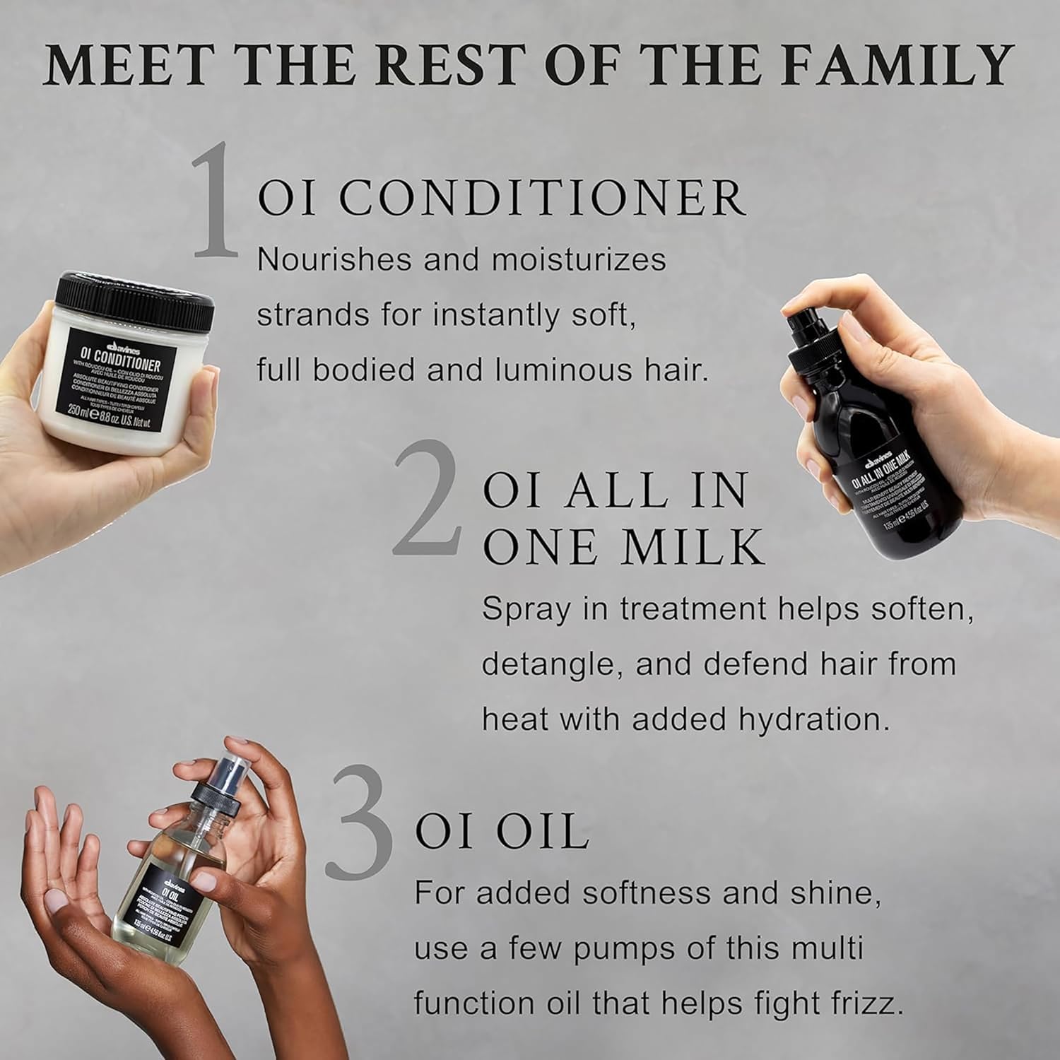 Gray Davines OI All In One Milk, Hair Leave-in Milky Conditioner Multi-Function Spray Treatment - Detangles, Controls Frizz & Heat Protectant - Weightless Antioxidant Roucou Oil Formula, 4.56 Fl Oz