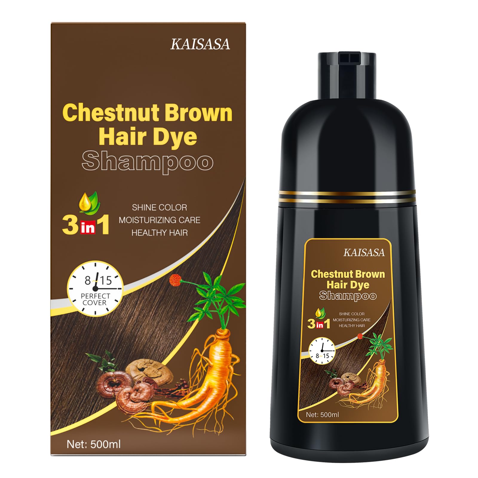 IIIMEIDU Hair Dye Shampoo for Gray Hair, 3 in 1 Herbal Ingredients Natural Dye for Women Men, Grey Coverage 500ml Chestnut Brown 1