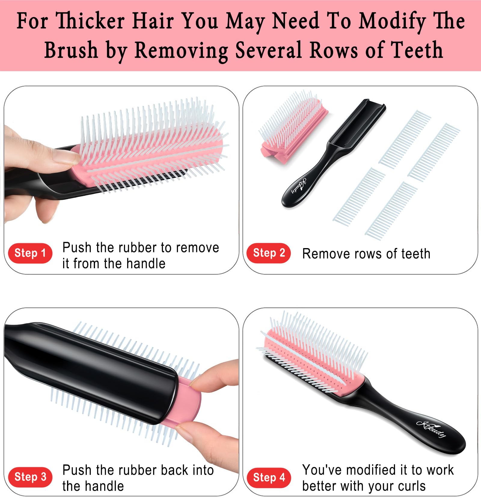 KTKUDY 9 Row Defining Brush for Shaping and Finishing Curls - Detangling Blow-Drying Brush for Thick, Wavy or Coily Hair (Black&Pink)
