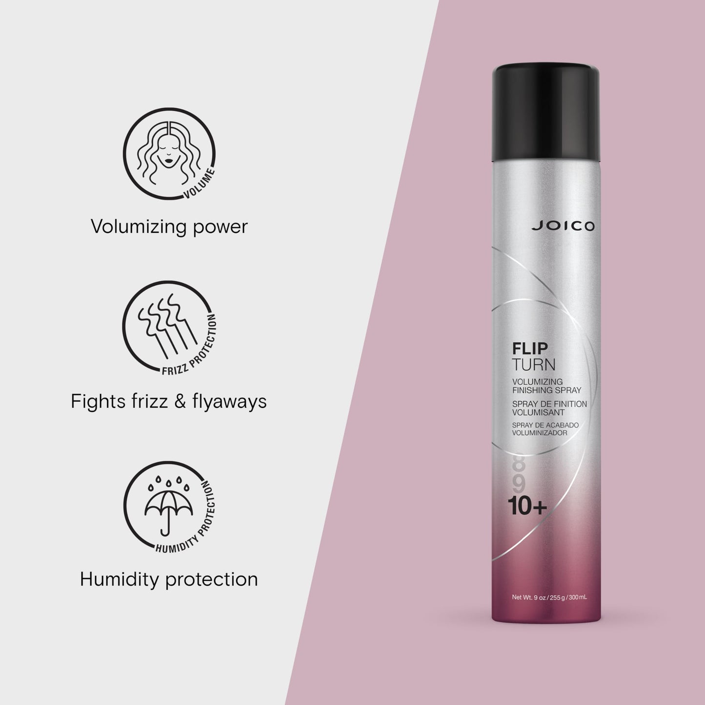 Joico Flip Turn 丰盈定型喷雾 | 适用于大多数发质 | 防潮 | 定型等级 10+ | 防止污染和有害紫外线 | 不含对羟基苯甲酸酯和硫酸盐 | 72 小时定型 | 300 毫升