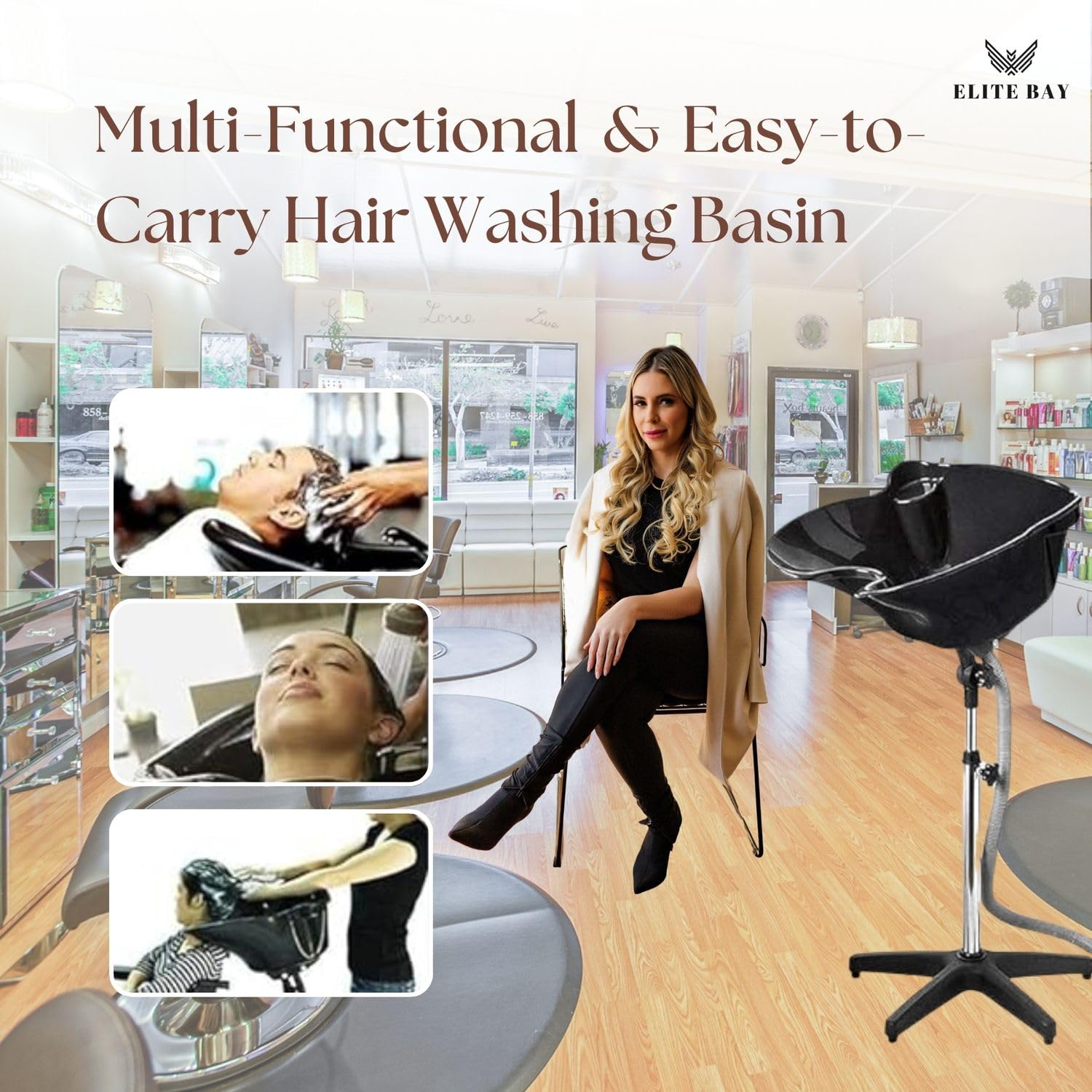 ELITE BAY Hairwashing Sink – Engineerd for Comfort,Salon,barber and beauty studios .Built with durability,ergonomics and modren aesthetics in mind. Adjustable (92–130cm) heavy duty stand and basin.