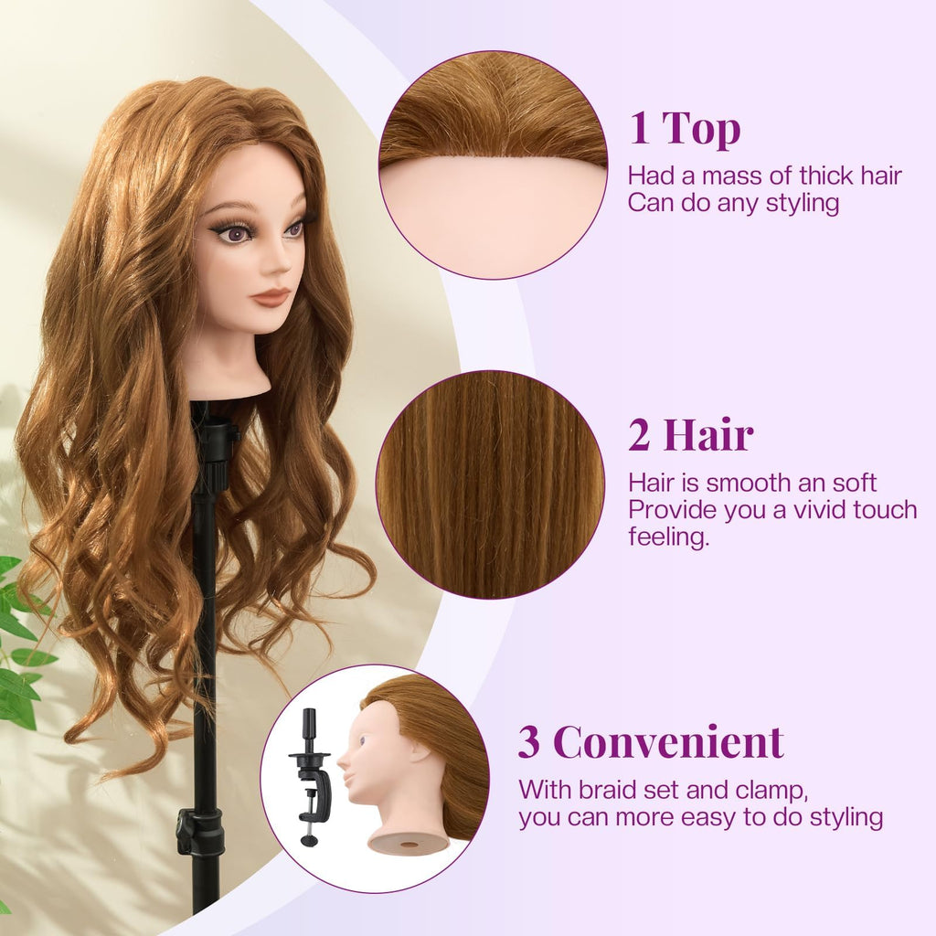 Mannequin Head 80% Human Hair - 28" Makeup Manikin Doll Head for Hair Styling, Hairdressing Training Practice Braiding for Cosmetology Students, Professionals & Practice Exams