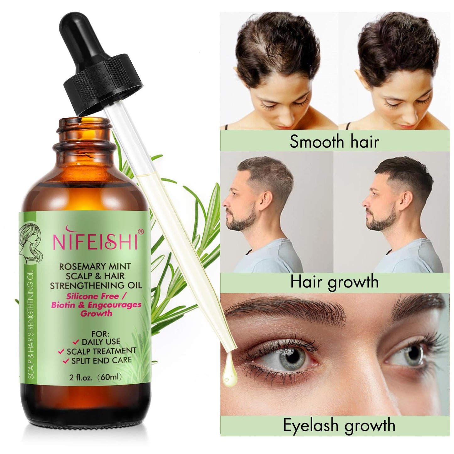 Bieyoc Rosemary Oil, 100% Pure Natural for Hair Growth, Treatment For Damaged & Dry Skin hair, Cold Pressed Oil For Growth, Eyebrows, Eyelashes, Nails and Skin(60ml)