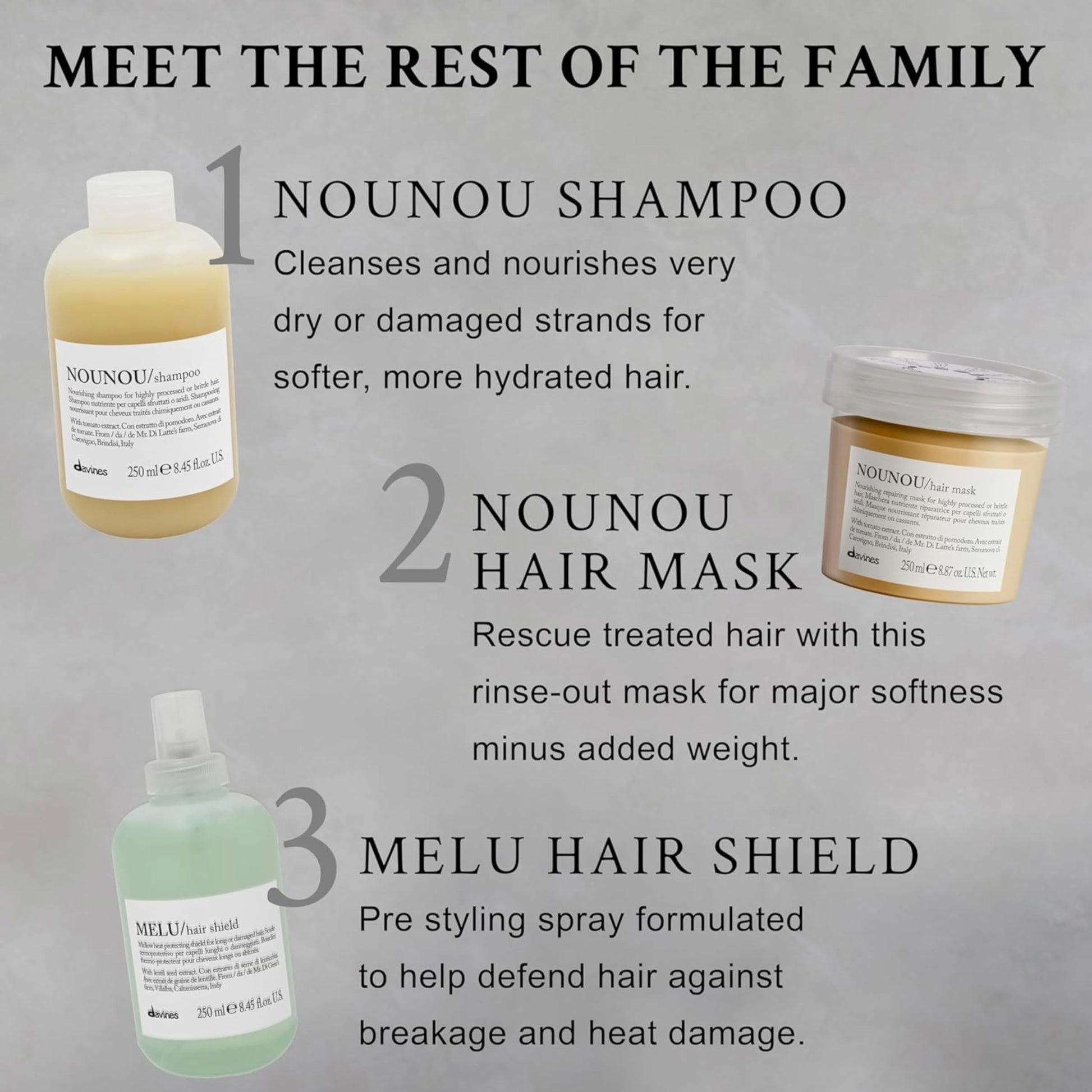 Gray Davines NOUNOU Shampoo, Hydrating Gentle Cleansing Action for Highly-Processed, Chemically Treated, Dry, Damaged or Brittle Hair - Deep Nourishment Restores Softness with Tomato Extract, 8.45 Fl Oz