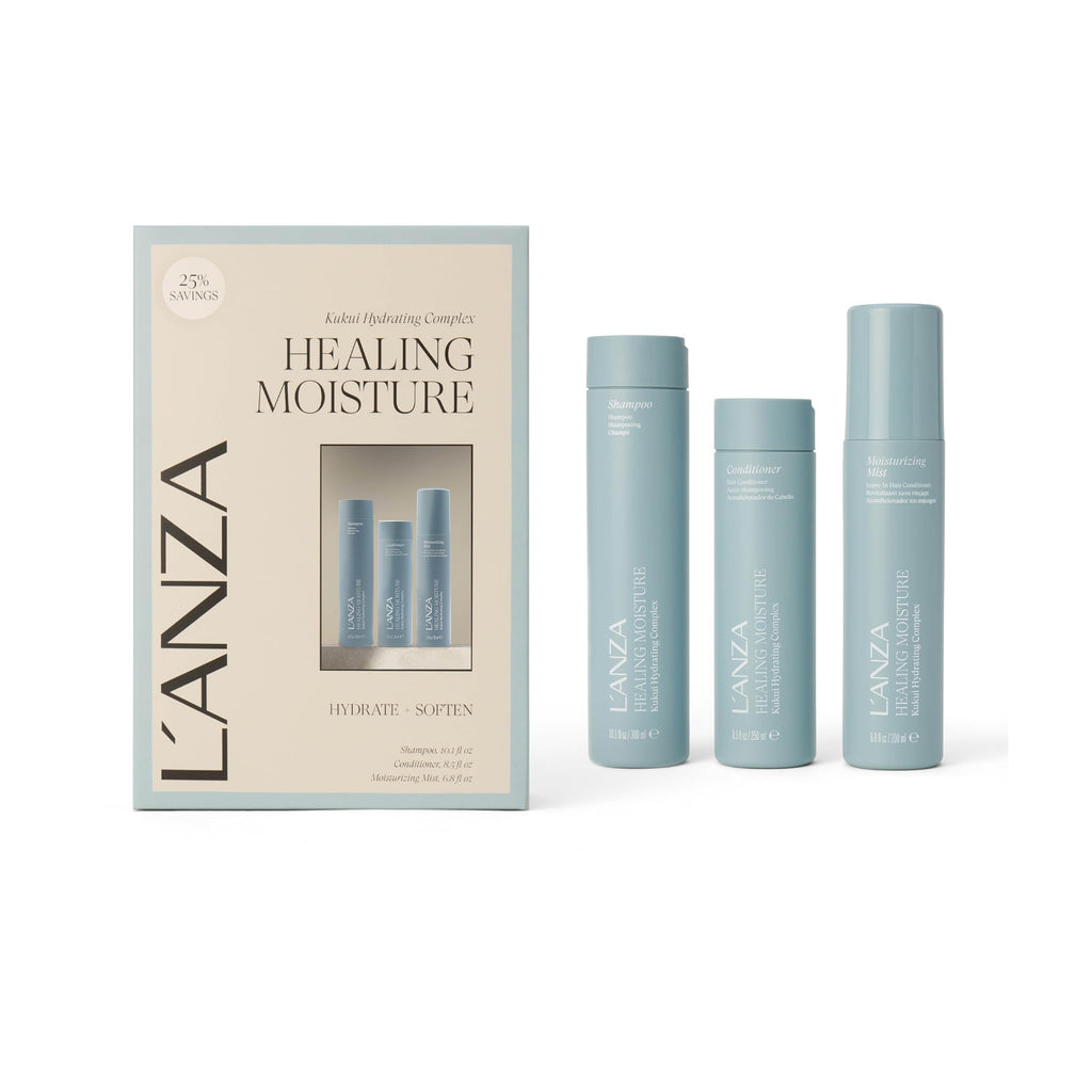 L'ANZA Healing Moisture Hair Spray Mist, Shampoo & Conditioner Set, Hydrates & Heals Damaged Locks, Deep Hydration, Softens, Anti-Frizz, Anti-Humidity, Restores Elasticity, Color Safe, Hair Care Kit